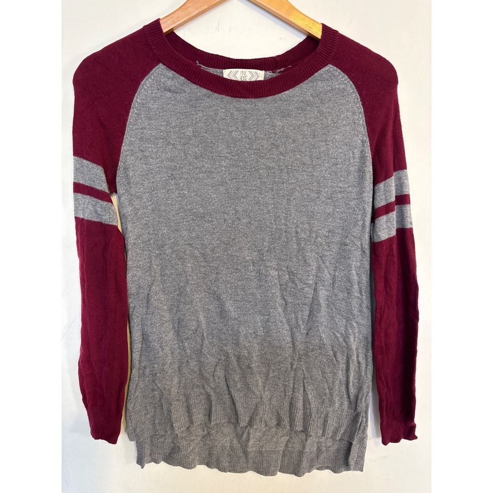 Pink Rose Womens Raglan Sweater Gray Burgundy Colorblock Striped Sleeve Size M